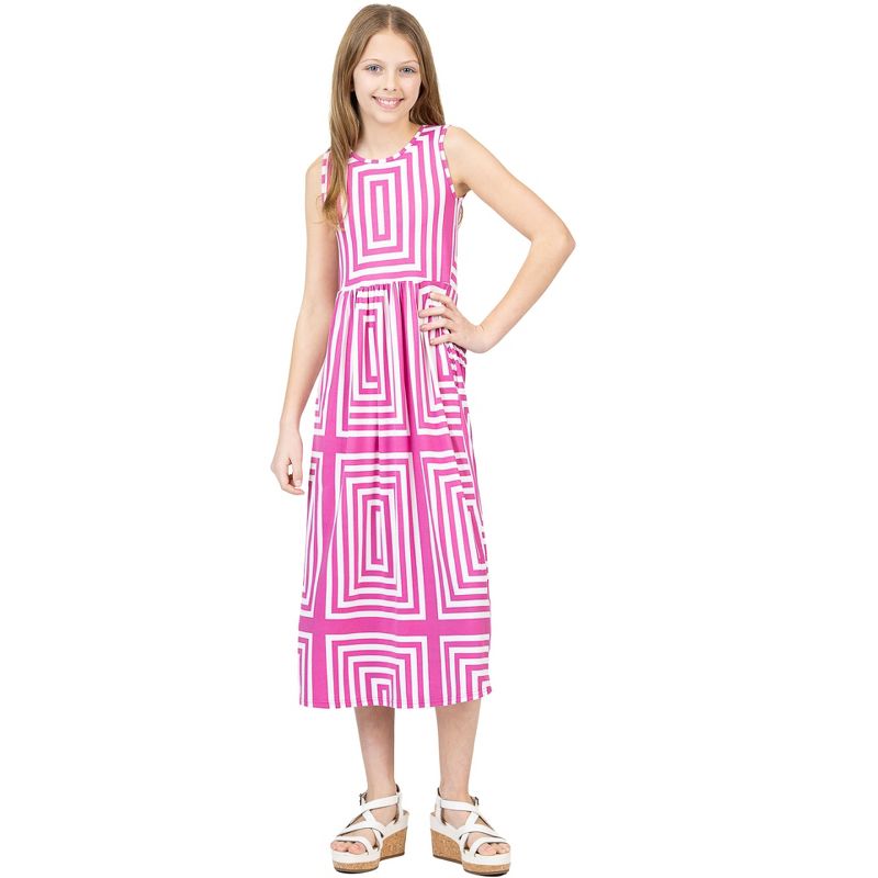 24sevenkid Girls Pink Geometric Print Sleeveless Pocket Maxi Dress, 1 of 6
