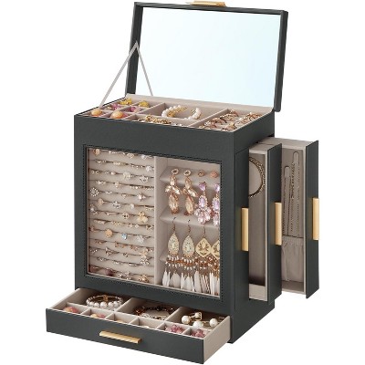 5-Layer Jewelry Box with Glass Window, 3 Drawers and Big Mirror