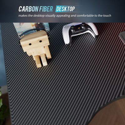 Black Carbon Fiber Gaming Desk with Cup Holder and Headphone Hook