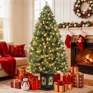 4.5 ft Artificial Christmas Tree, Pre Lighted Xmas Tree with 8 Light-Modes, White Full Christmas Tree with 200 Light & Antique Urn Base - 1 of 4