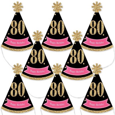 Big Dot of Happiness Chic 80th Birthday - Pink, Black and Gold - Mini Cone Birthday Party Hats - Small Little Party Hats - Set of 8