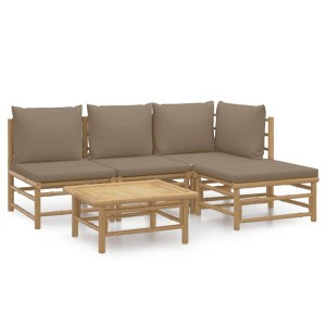 vidaXL Bamboo Patio Furniture Set - 5 Piece Sectional Sofa with Taupe Cushions - Outdoor Garden Lounge Set Including Table and Footstool - 1 of 4