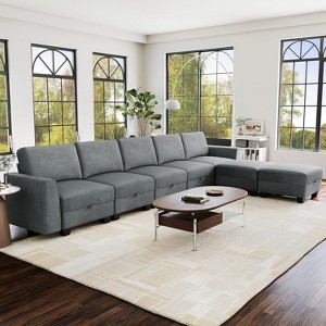 140" Large U Shaped Sectional Couch with Ottoman Chaise, Convertible Modular Sectional Sofa with Ottomans with 7 Seat for Living Room, Office - Gray - 1 of 4
