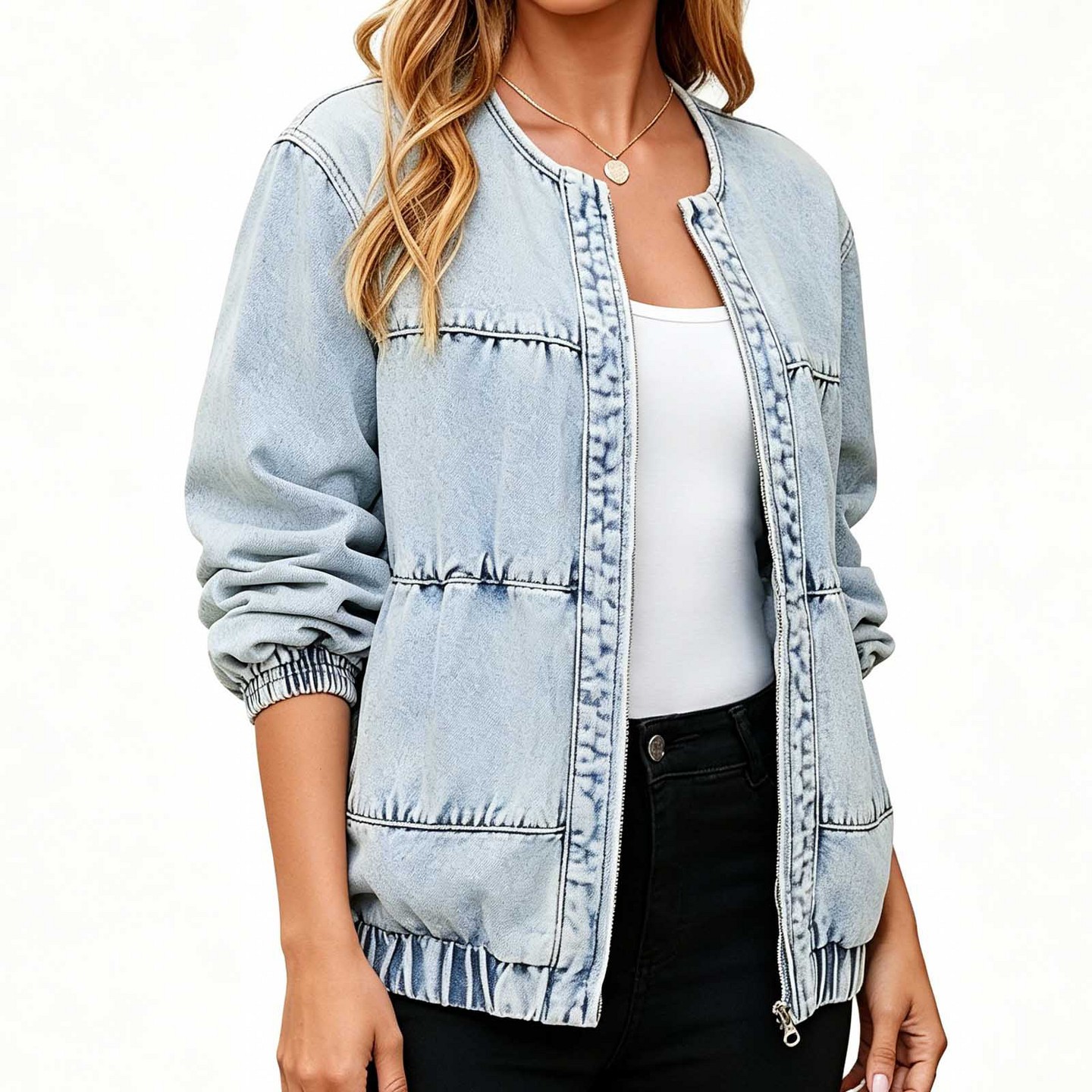 Женская куртка YesFashion Casual Round Neck Denim Jacket, Zip Up Loose Fit Bomber Outerwear Coat Light blue, цвет: Джинсовый — фото 3