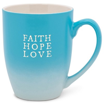 Elanze Designs Faith Hope Love Two Toned Ombre Matte Teal and White 12 ounce Ceramic Stoneware Coffee Cup Mug