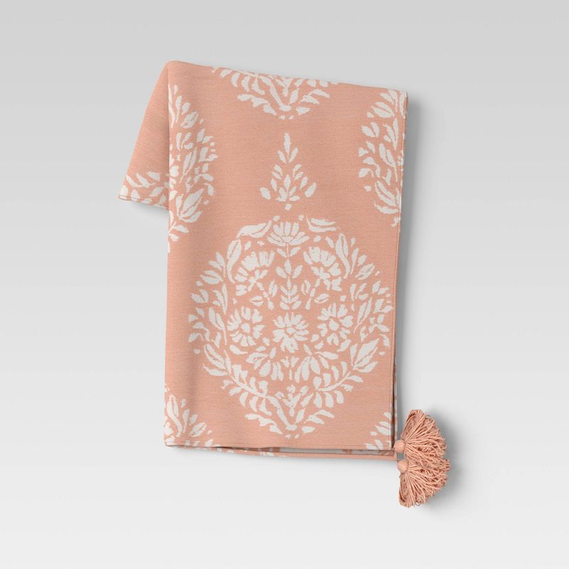 Medallion Jacquard Knit Throw Blanket with Tassels Coral - Threshold&#8482;, 1 of 7