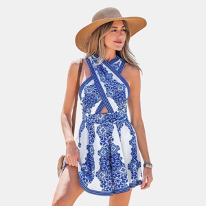 Women's Chic Blue Floral Rompers with Criss-Cross Back - Cupshe - 1 of 4