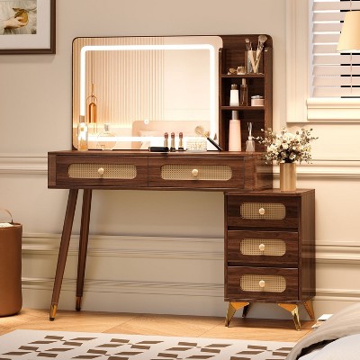 MOEPISY Makeup Vanity Desk with 5 Drawers and Storage Shelf, Rattan Drawer Design Dark Walnut