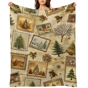 FIONECA Rustic Christmas Tree Stamp Blanket with Holly and Snowflake Pattern Soft Warm Holiday Throw 40x50 inches - 1 of 4