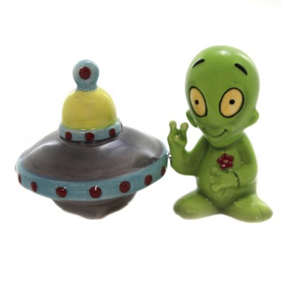 Tabletop 3.25" Alien Spaceship  Set/2 Salt Pepper Shaker Outer Space Pacific Trading  -  Salt And Pepper Shaker Sets