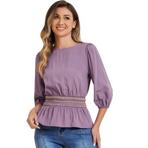 INSPIRE CHIC Women's 3/4 Sleeve Round Neck Smocked Waist Peplum Blouse - 1 of 4