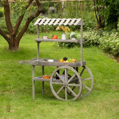 Antique Rustic Gray Solid Wood 3-Tier Plant Stand Cart with Wheels