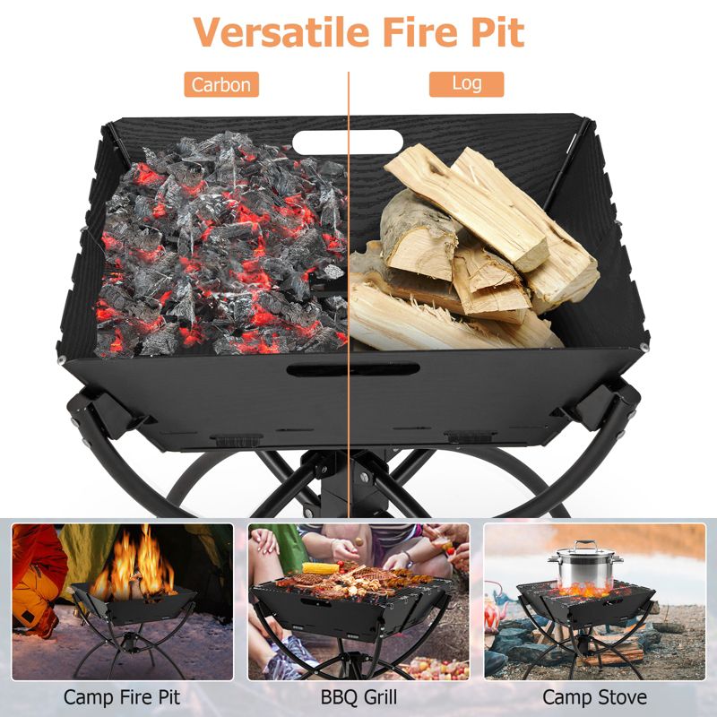 Tangkula Camping Fire Pit w/Cooking Grills Lightweight Portable Campfire Grill w/ Carrying Bag & Gloves 3-In-1 Stainless Steel Wood Burning Coffee/Silver, 4 of 10