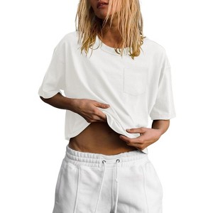 Womens Tops Summer Short Sleeve Round Neck Crop T Shirts with Pockets - 1 of 3