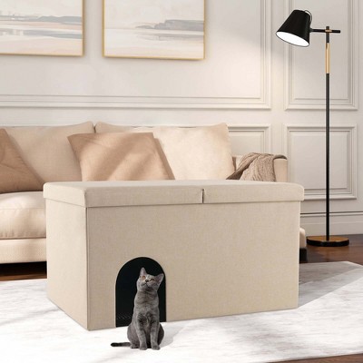 Beige Linen Cat Litter Box Enclosure Bench with Flip Top Lid