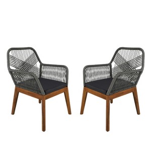 Moda Furnishings 2pcs Outdoor Acacia Wood Rope Weaving Chair With Black Cushions - 1 of 4