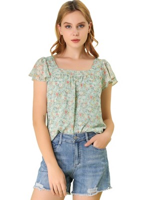 INSPIRE CHIC Women's Chiffon Ruffle Sleeve Square Neck Floral Print Blouse