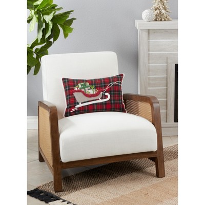 Red and Green Plaid Polyester Sleigh Design Throw Pillow