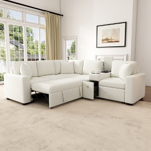 120.5" Chenille L-Shaped Convertible Modular Sectional Sofa Bed with Pull-Out Bed, Storage Console, and Cup Holders - 1 of 4