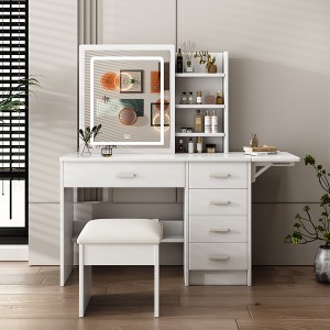TIRAMISUBEST Fashion Makeup Vanity Set with LED Lighted Mirror and Cushioned Stool, Vanity Desk Vanity Table with 5 Drawers and Open Shelves - 1 of 4
