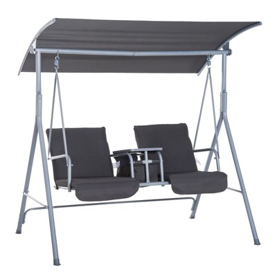DSVIMOY 2 Person Porch Swing, Outdoor Swing with Canopy, Pivot Storage Table, 2 Cup Holders, Cushions for Patio, Backyard, Gray, 69"*44"*65"