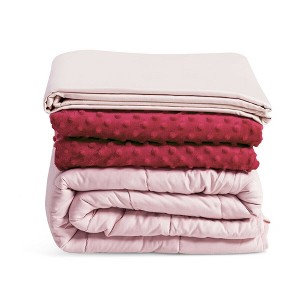Costway 7 / 10 /15 / 20 lbs Heavy Weighted Blanket 3 Piece Set w/ Hot & Cold Duvet Covers Green/Pink - 1 of 4
