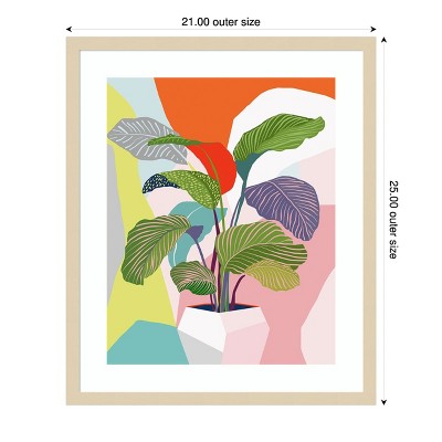Vibrant Abstract Plant Print with Natural Wood Frame