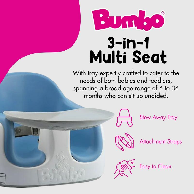 Bumbo Adjustable Height 3 In 1 Multi Seat, Non Slip Booster, Baby Chair for Eating and Chair for Toddlers with Removable Tray, Powder Blue (2 Pack), 4 of 7