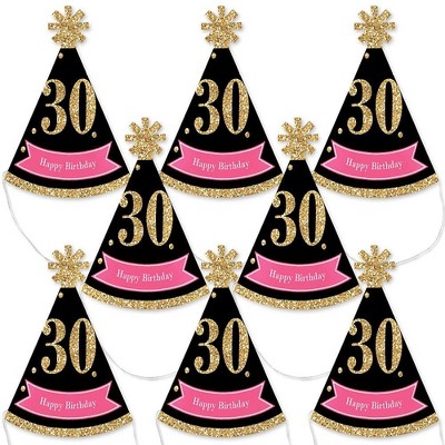 Big Dot of Happiness Chic 30th Birthday - Pink, Black and Gold - Mini Cone Birthday Party Hats - Small Little Party Hats - Set of 8