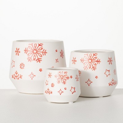 5.25"H, 4.5"H and 3"H Sullivans Snowflake Holiday Planter - Set of 3, Red