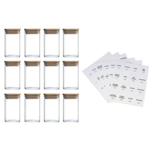 Empty Spice Jars with Label Pack (12x Bamboo Lid Glass Jar), 8oz Spice Storage Bottles w/ 72 Printed Spice Stickers and 20 Writable Pantry Labels - 1 of 4
