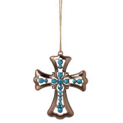 Ganz 3.75" Tone Beaded Cross with Faceted Stones Christmas Ornament - Bronze/Blue