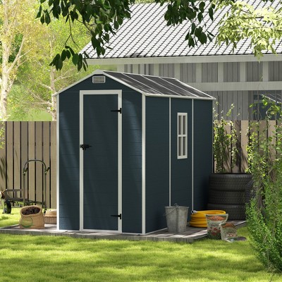 Outdoor Storage Shed, Resin Shed with Floor & Lockable Doors, All Weather Plastic Sheds with Window Dark Grey