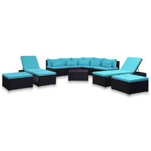 vidaXL 9 Piece Patio Lounge Set - Poly Rattan Outdoor Furniture with Blue Cushions, Waterproof and Weather-Resistant, Adjustable Sun Loungers - 1 of 4