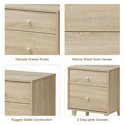 Oak Finish 2-Drawer Nightstand with Rubber Wood Legs