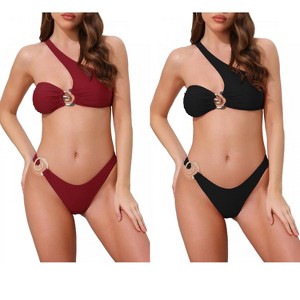 INSPIRE CHIC Women's Asymmetric One Shoulder Metallic Decoration Triangle Bottom Swimwear Bikini Suits 2 Sets - 1 of 4