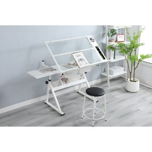 Tempered Glass Adjustable Drafting Printing Table with Chair - 1 of 4