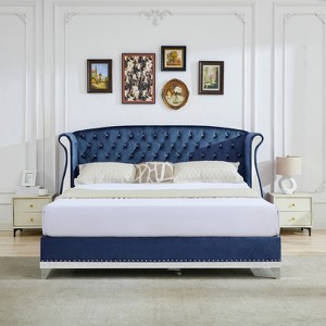 Christopher Knight Home Nathan Velvet Tufted Platform Bed with Wingback Headboard and Nailhead Trim - 1 of 4