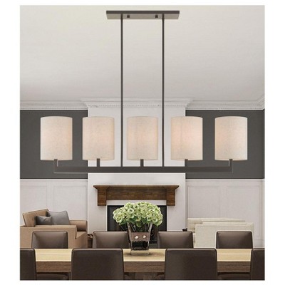 Elegant Bronze Drum 5-Light Linear Chandelier with Oatmeal Shade