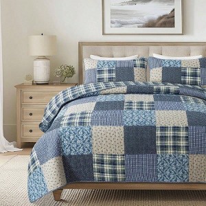 Blue Symphony Cotton Quilt Set - Twin with Sham, Farmhouse Patchwork Bedspread Lightweight Cozy Country Bedding - 1 of 4