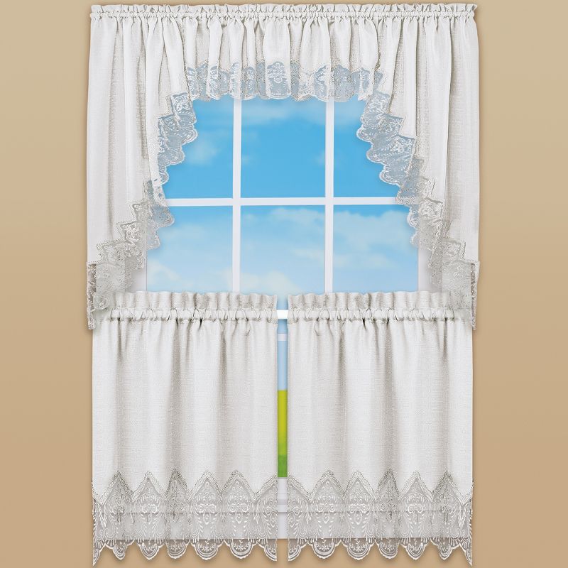 Collections Etc Elegant Lace Trim Tier Rod Pocket Top Window Curtain Set, 3 of 5