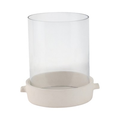 Pillar Candle Holder - Pottery & Glass Hurricane Lantern - Casual Home Decor for Living Room, Bedroom, Office - Modern Minimalist Accent - 13" White