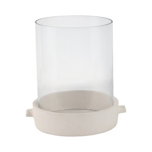 Pillar Candle Holder - Pottery & Glass Hurricane Lantern - Casual Home Decor for Living Room, Bedroom, Office - Modern Minimalist Accent - 13" White - 1 of 4