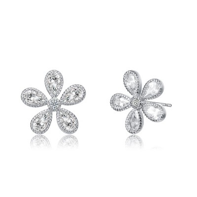 Charming White Gold-Plated Blooming Flower Stud Earrings Adorned with Sparkling Cubic Zirconia