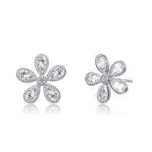 Charming White Gold-Plated Blooming Flower Stud Earrings Adorned with Sparkling Cubic Zirconia - 1 of 3