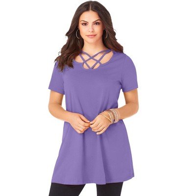 Roaman's Women's Plus Size Lattice Neck Short Sleeve Ultimate Tunic