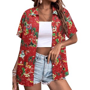 Nlife Women's Hawaiian Tropical Beach Blouses Floral Print Button Up Tee Shirts Summer Casual Tops - 1 of 4