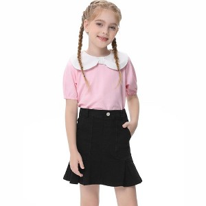 Girls Cute Tops Peter Pan Collar with Cute Bow Puff Short Sleeve Kids Fashion Shirts Summer Top Keyhole Tops Girls Blouse - Pink,5-6 Years - 1 of 4