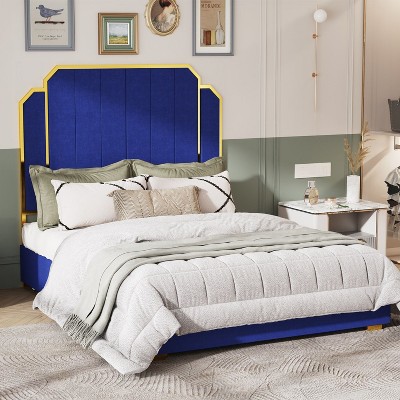NicBex Queen Upholstered Bed Frame with 59.06" Tall Headboard,Wood Platform Bed with Golden Plating Trim,Easy Assembly,No Box Spring Needed