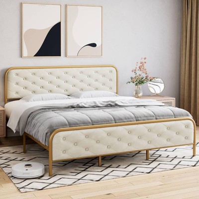 Whizmax Upholstered King Size Bed Frame, Velvet Upholstery Platform Bed with Button Tufted Curved Headboard, Noise Free, No Box Spring Needed